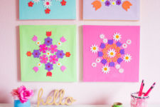 DIY colorful canvas wall art with floral stickers