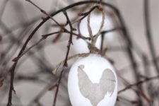egg ornaments with twine and cock prints