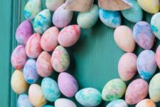 marbled Easter egg wreath with a burlap bow