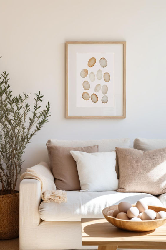 modern neutral Easter decor done with an artwork and a wooden bowl with faux eggs is simple to make yourself