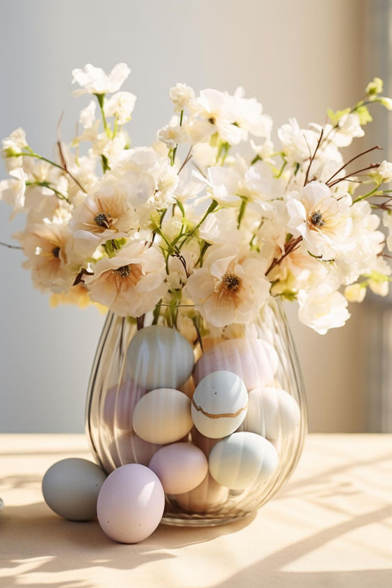pretty modern Easter decor with a clear vase with pastel eggs and neutral fresh blooms is a cool idea