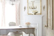 02 a neutral-colored office with blush floral curtains and off-white furniture