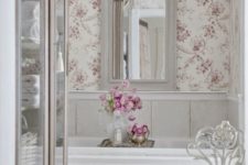 03 floral wallpaper in soft pink shades is a great idea for a girlish bathroom