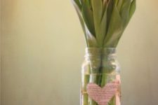 04 a mason jar with a paper heart and pink tulips