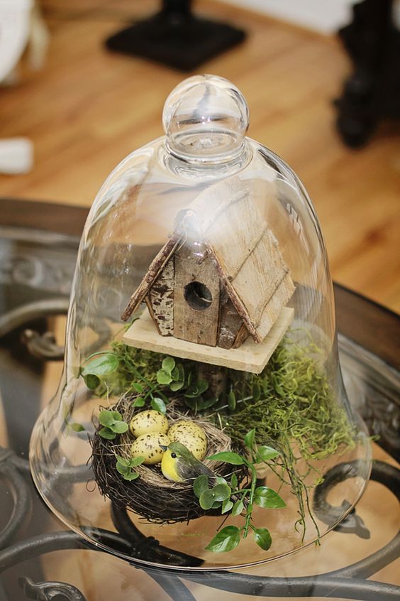 a cloche with a bird house, greenery and a faux nest with eggs