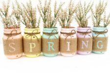 06 pastel-painted mason jars with burlap and twine, fresh bloom