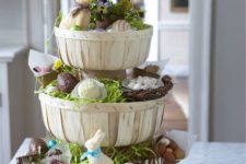 06 stacked Easter basket centerpiece with faux bunnies, sweets and chocolate eggs