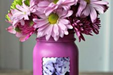 07 a purple mason jar with a kid’s photo and pink flowers