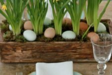07 a reclaimed wooden box with moss, pastel eggs and yellow daffodils