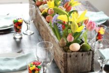 08 a rustic wooden box with colorful tulips and faux eggs