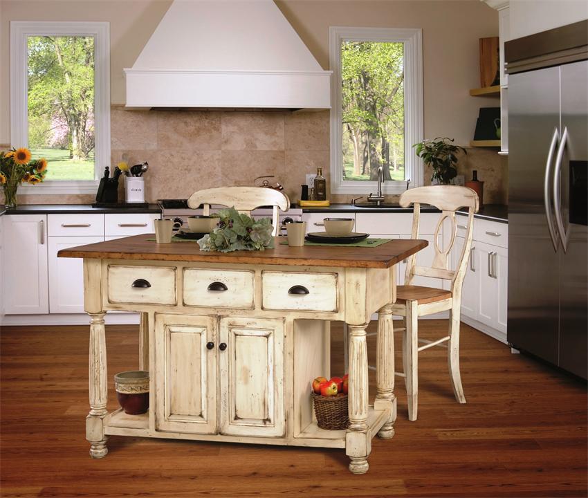 a shabby chic neutral kitchen island with a rustic wooden countertop