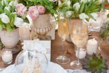 10 pink ranunculus, white tulips and lots of greenery make this vintage-inspired table fresher
