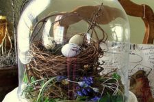 12 a cloche with nests, flowers and speckled eggs