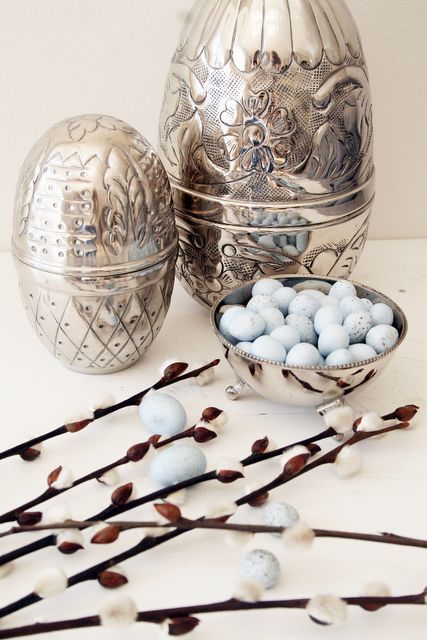 vintage silver bowl with powder blue Easter eggs