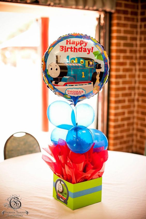a box with red paper, sheer blue balloons and a big train balloon on top