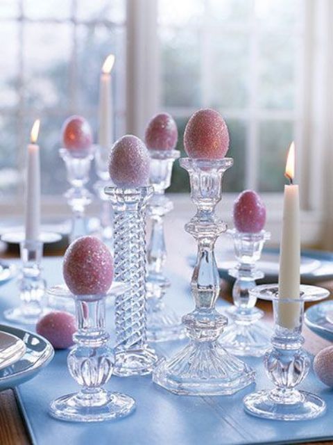 glittered Easter eggs on glass candlesticks make for an elegant table display