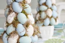 19 pastel blue egg trees with moss in pots can decorate your table