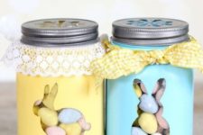 19 pastel painted jars with colorful candies with lace