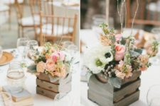 21 put vases into rustic pallet boxes for a sweet touch
