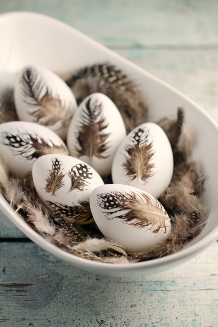 DIY feather Easter eggs (via www.shelterness.com)