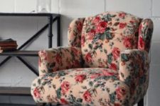 04 armchair with a footrest with red flowers and leaves in vintage style