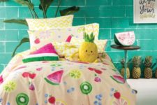 04 fun bedding with kiwi, lemon, strawberry and blueberry prints and a watermelon pillow