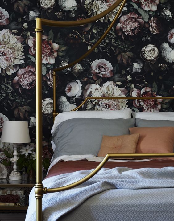 make your bedroom exquisite with moody floral wallpaper and some metallic accents