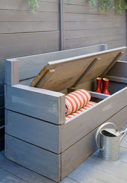 grey pallet bench for outdoors with storage space