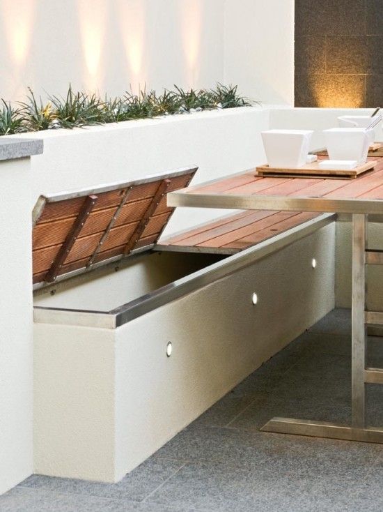 outdoor built-in corner bench with LED lights and a lot of storage space