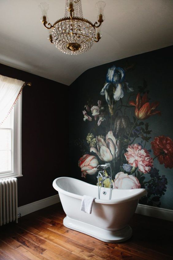 a gorgeous moody floral wall looking like an antique painting