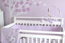 14 lilac and white flower tree painted right on the wall above the bed