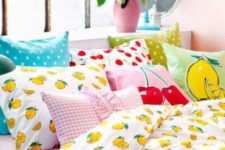 15 lemon bedding set and cherry and lemon print pillows