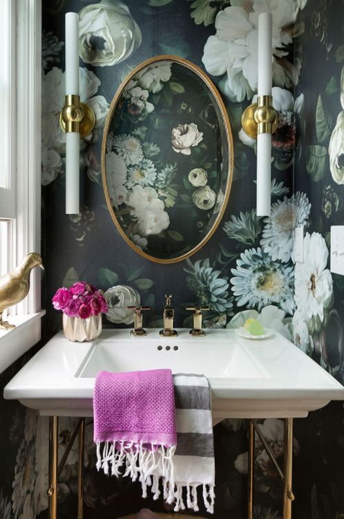 refined moody wallpaper for a vintage bathroom to give it a chic look