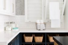 18 baskets for storage in a laundry room add interest to the space