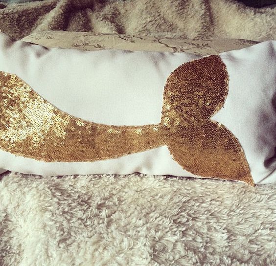 gold sequin mermaid tail pillow looks cute and glam