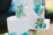 21 geometric cake decor and geo glass toppers in turquoise