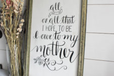 DIY vintage-inspired Mother’s Day sign in a weathered wood frame
