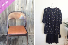 DIY old folding chair renovation with fabric from an old dress