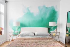 02 a bold green watercolor wall makes the bedroom colorful and vivacious