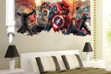 04 Avengers wall art on the headboard wall in a bedroom is a gorgeous idea