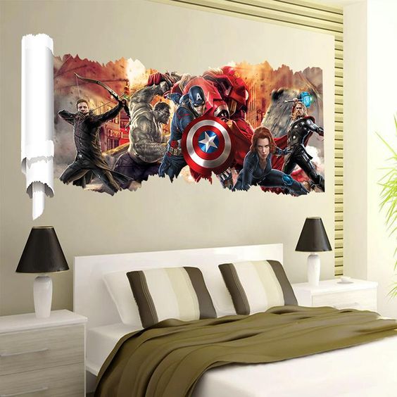 Avengers wall art on the headboard wall in a bedroom is a gorgeous idea
