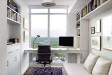 06 small minimalist home office in white with a glazed wall and a view on the town