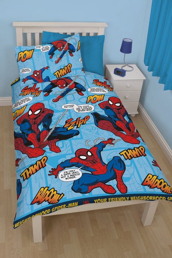 kid's bedding in blues and red inspired by Spiderman comics
