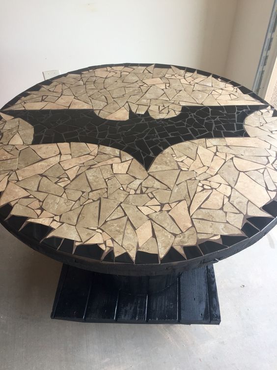 Batman logo mosaic round table looks wow and can be handmade by you
