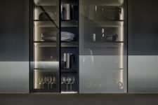 13 a kitchen cabinet with smoke glass doors shows off the glasses and dishes but gently