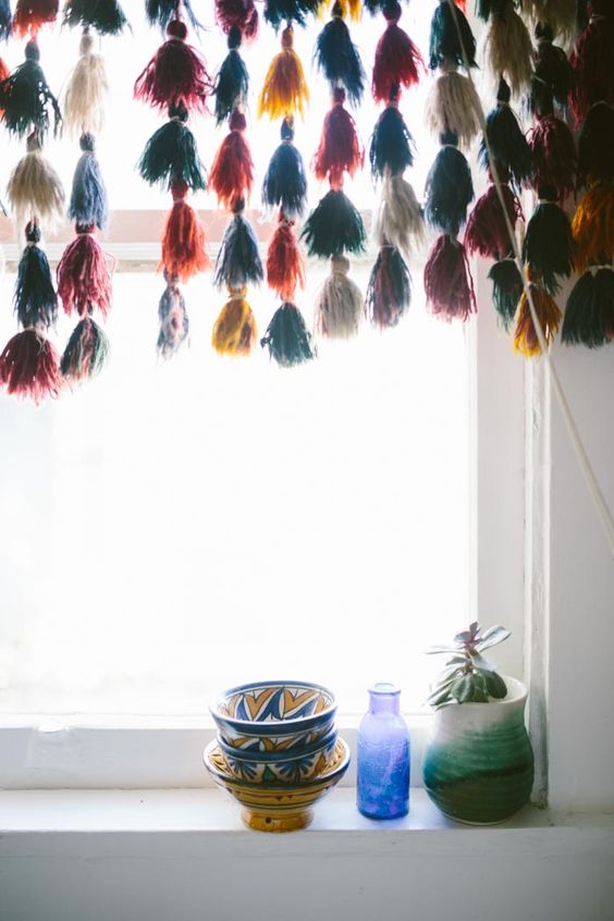 colorful tassel window hanging for a cool boho interior