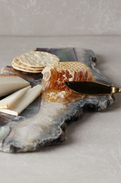 natural fluorite crytal board is a unique and totally gorgeous idea for any food plus crystals are a hot trend