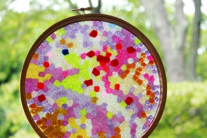 DIY melted bead suncatcher in an embroidery hoop