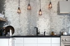 03 shiny silver tile backsplash looks wow and makes the monochrome kitchen stand out