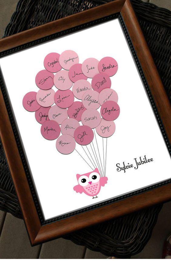 a gorgeous idea for a guest book - an owl with balloons in a frame